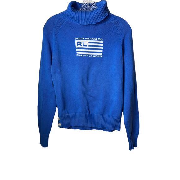 VIntage 90's Polo Jeans Co Ralph Lauren Blue American Flag Logo Pullover Sweater - Picture 1 of 9